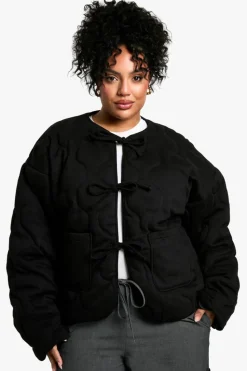 Up To 80% Off Winter Warmers|Bomber Jackets*boohoo Plus Tie Detail Padded Jacket black