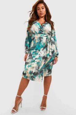 Wrap Dresses|Midi Dresses*boohoo Plus Tie Dye Slinky Wrap Midi Dress blue