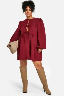Smock Dresses*boohoo Plus Tie Front Long Sleeve Smock Dress cherry