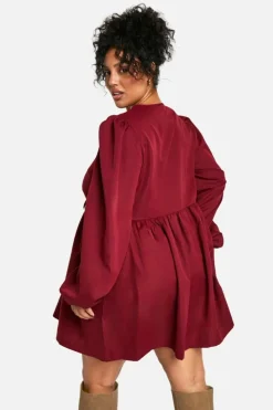 Smock Dresses*boohoo Plus Tie Front Long Sleeve Smock Dress cherry