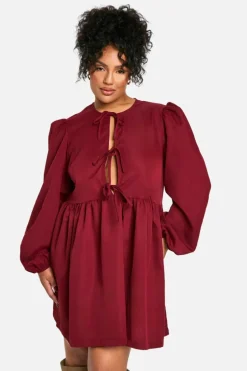 Smock Dresses*boohoo Plus Tie Front Long Sleeve Smock Dress cherry