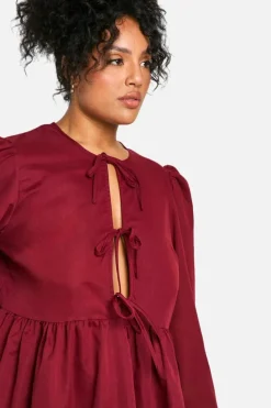 Smock Dresses*boohoo Plus Tie Front Long Sleeve Smock Dress cherry
