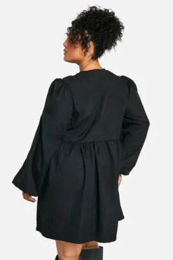 Smock Dresses*boohoo Plus Tie Front Long Sleeve Smock Dress black