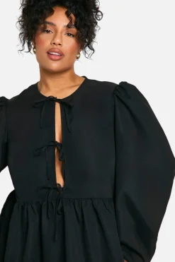 Smock Dresses*boohoo Plus Tie Front Long Sleeve Smock Dress black