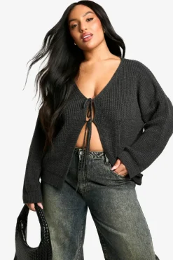 Cardigans*boohoo Plus Tie Front Oversized Soft Knit Cardigan charcoal