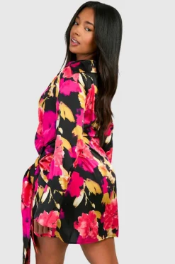 Shirt Dresses*boohoo Plus Tie Front Printed Satin Shirt Dress black