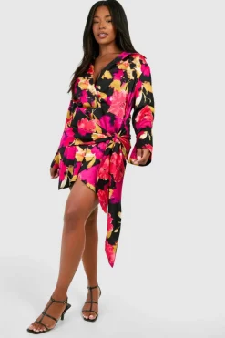 Shirt Dresses*boohoo Plus Tie Front Printed Satin Shirt Dress black