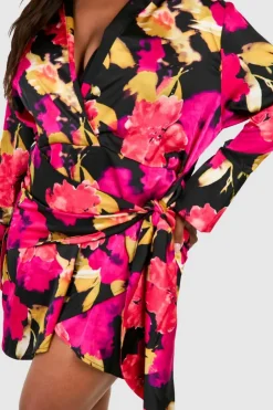 Shirt Dresses*boohoo Plus Tie Front Printed Satin Shirt Dress black
