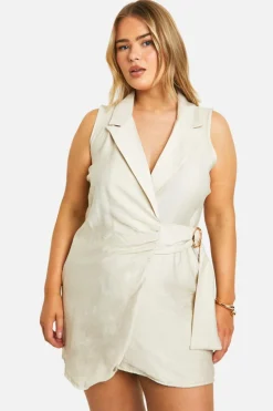 Blazer Dresses*boohoo Plus Tie Side Linen Look Blazer Dress stone