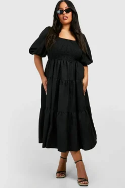 Smock Dresses*boohoo Plus Tiered Shirred Midaxi Smock Dress black