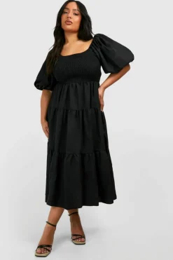Smock Dresses*boohoo Plus Tiered Shirred Midaxi Smock Dress black