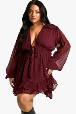 Smock Dresses*boohoo Plus Tiered Tie Smock Dress plum
