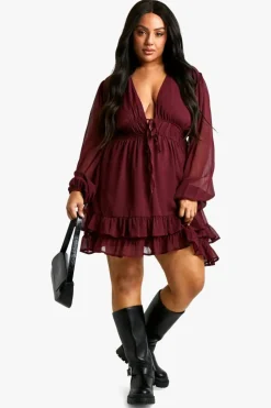Smock Dresses*boohoo Plus Tiered Tie Smock Dress plum