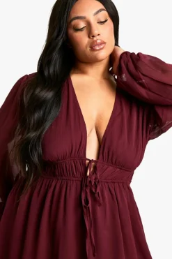 Smock Dresses*boohoo Plus Tiered Tie Smock Dress plum