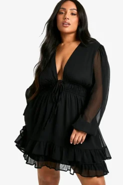 Smock Dresses*boohoo Plus Tiered Tie Smock Dress black