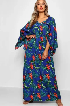 Smock Dresses*boohoo Plus Tropical Kimono Sleeve Maxi Dress blue