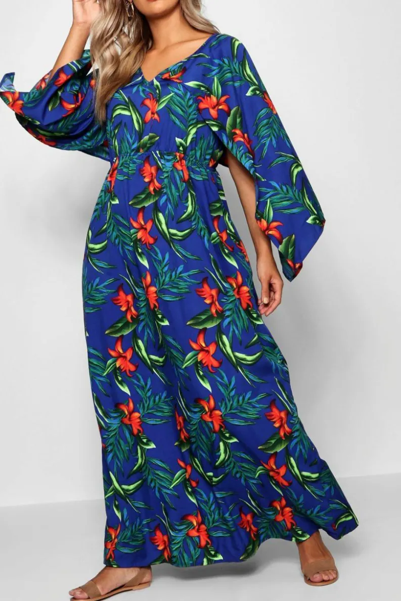 Smock Dresses*boohoo Plus Tropical Kimono Sleeve Maxi Dress blue