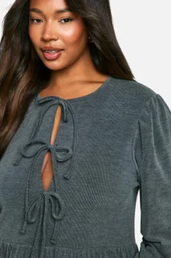 Smock Dresses|Mini Dresses*boohoo Plus Two Tone Rib Tie Front Smock Dress grey