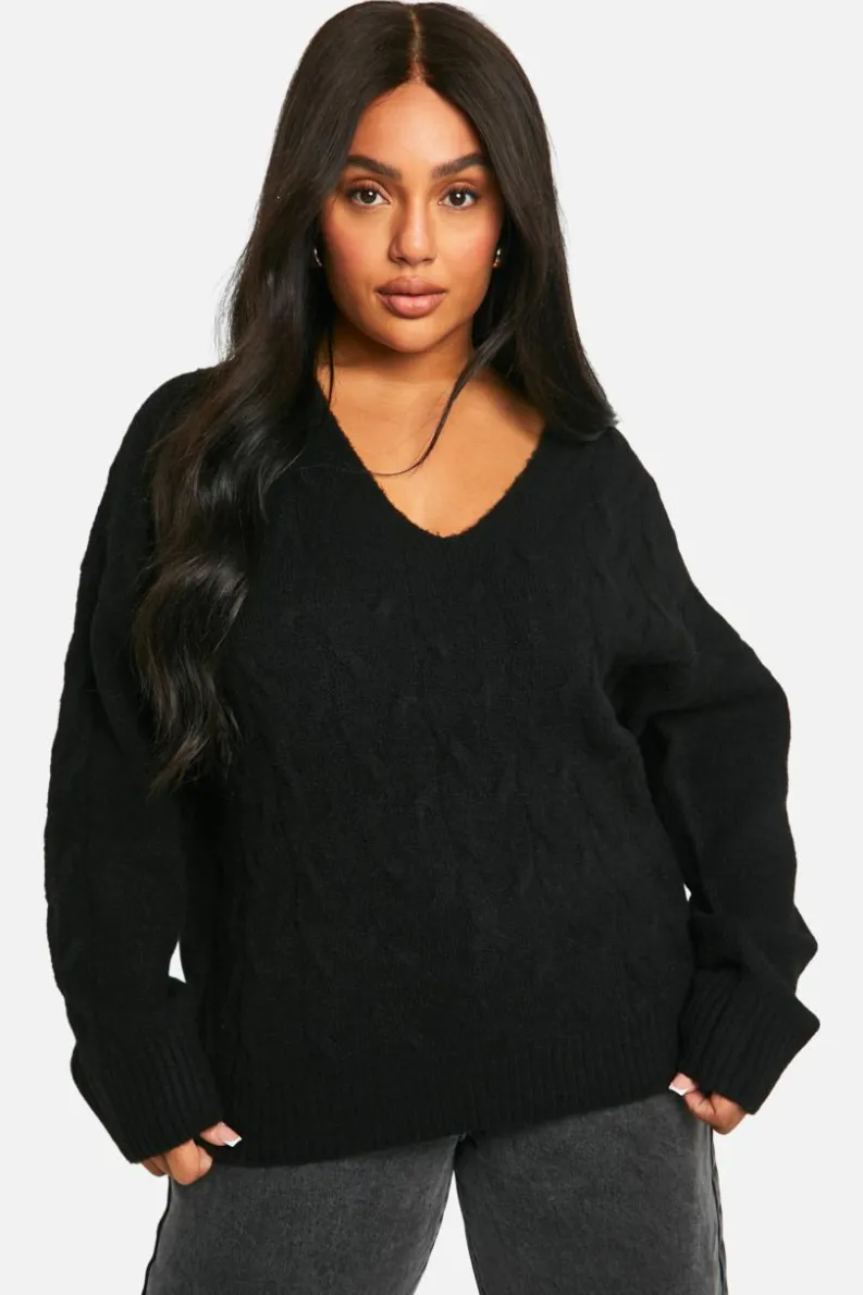 Jumpers*boohoo Plus V Neck Soft Knit Cable Jumper black