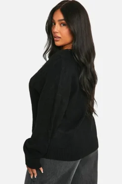 Jumpers*boohoo Plus V Neck Soft Knit Cable Jumper black