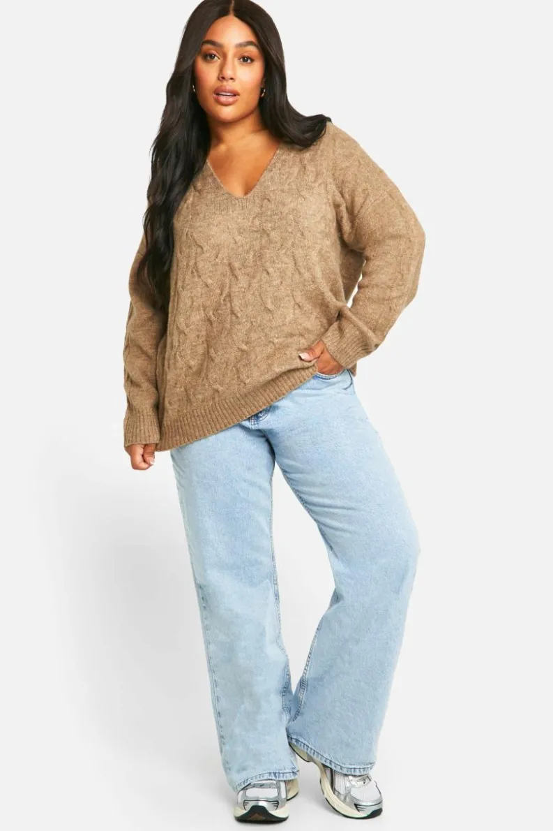 Jumpers|Jumpers & Cardigans*boohoo Plus V Neck Soft Knit Cable Jumper camel