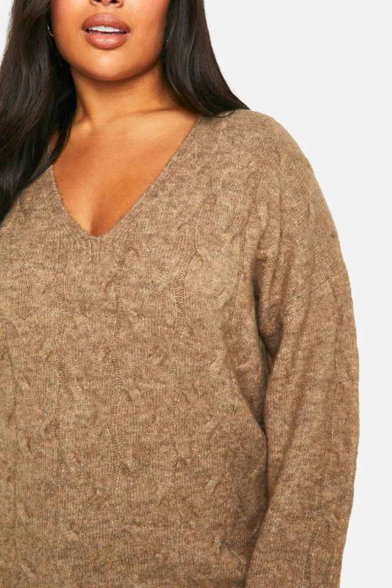 Jumpers|Jumpers & Cardigans*boohoo Plus V Neck Soft Knit Cable Jumper camel