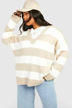 Up To 80% Off Winter Warmers*boohoo Plus V Neck Stripe Jumper stone