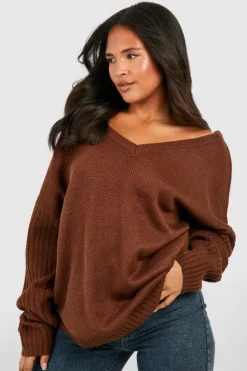 Oversized Jumpers|Jumpers*boohoo Plus V Neck V Back Oversized Jumper brown