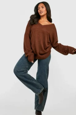 Oversized Jumpers|Jumpers*boohoo Plus V Neck V Back Oversized Jumper brown