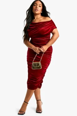 Midi Dresses*boohoo Plus Velvet Asymmetric Ruched Midi Dress berry