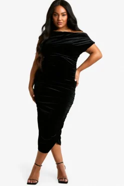 Midi Dresses*boohoo Plus Velvet Asymmetric Ruched Midi Dress black