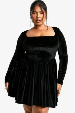 Skater Dresses*boohoo Plus Velvet Corset Detail Skater Dress black