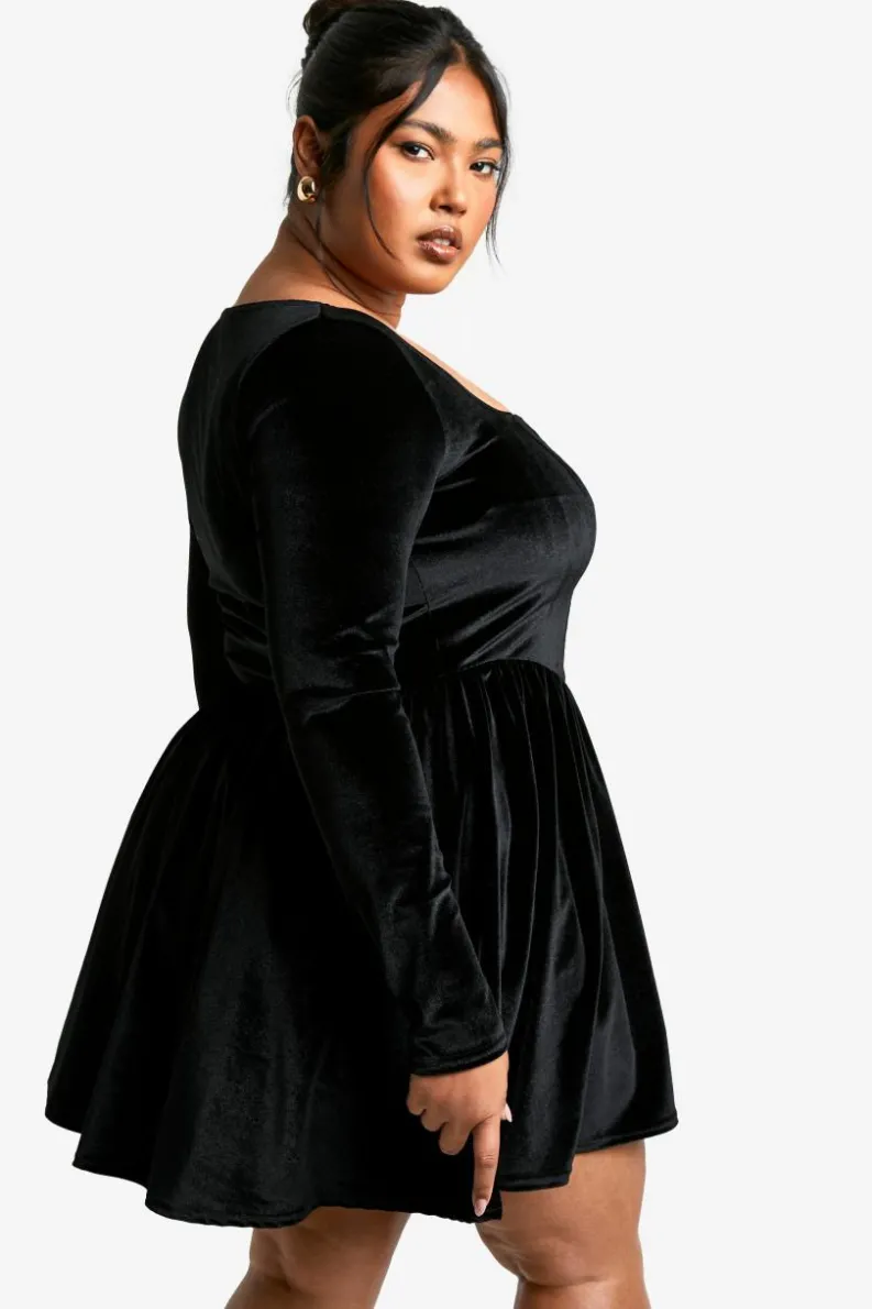 Skater Dresses*boohoo Plus Velvet Corset Detail Skater Dress black