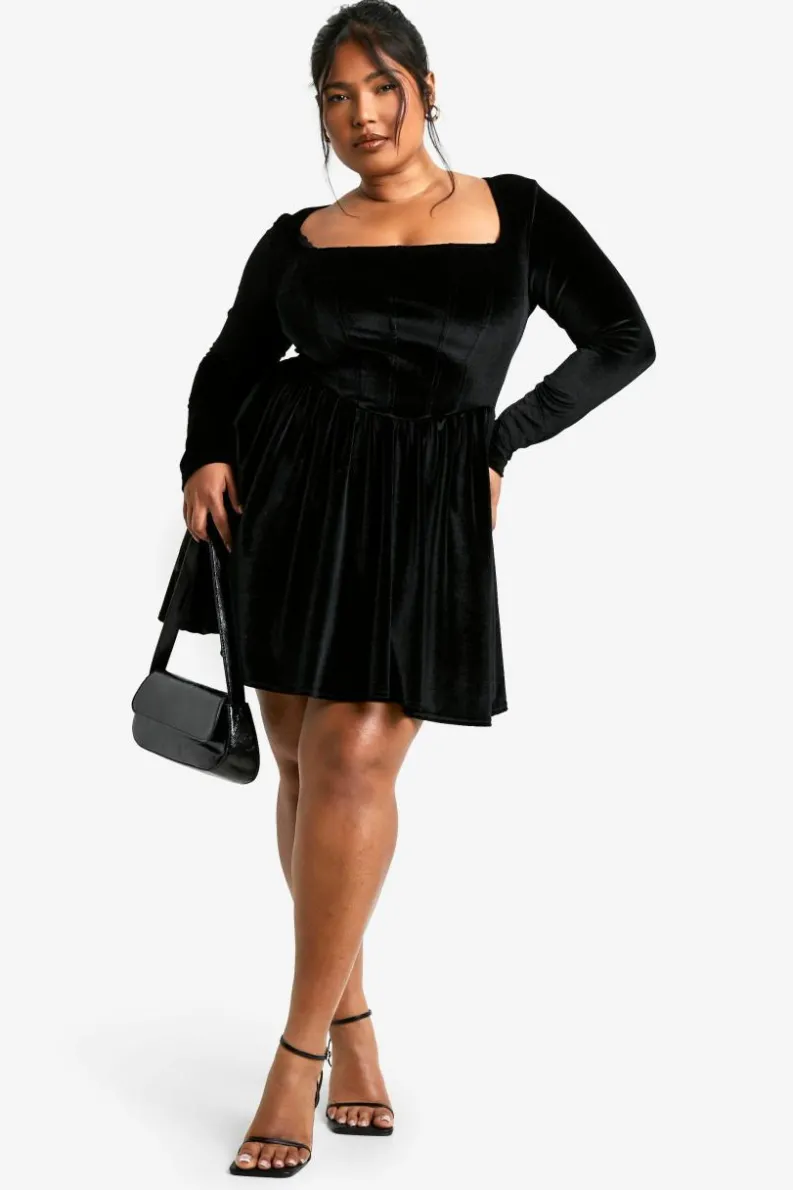 Skater Dresses*boohoo Plus Velvet Corset Detail Skater Dress black