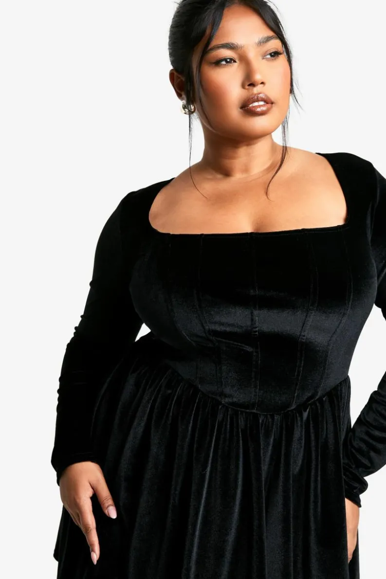 Skater Dresses*boohoo Plus Velvet Corset Detail Skater Dress black