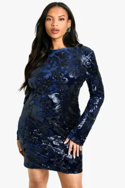 Bodycon Dresses|Mini Dresses*boohoo Plus Velvet Demask Bodycon Dress navy