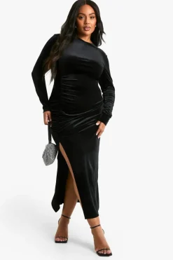 Bodycon Dresses|Midi Dresses*boohoo Plus Velvet Ruched Midi Dress black