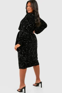 Bodycon Dresses|Midi Dresses*boohoo Plus Velvet Sequin Blouson Belted Midi Dress black