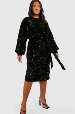 Bodycon Dresses|Midi Dresses*boohoo Plus Velvet Sequin Blouson Belted Midi Dress black