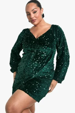Skater Dresses*boohoo Plus Velvet Sequin Swing Dress emerald