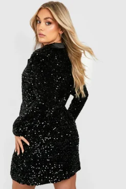Blazer Dresses|Wrap Dresses*boohoo Plus Velvet Sequin Wrap Blazer Dress black