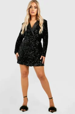 Blazer Dresses|Wrap Dresses*boohoo Plus Velvet Sequin Wrap Blazer Dress black