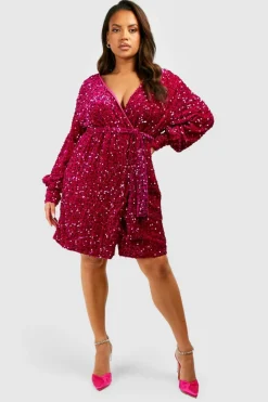 Wrap Dresses|Mini Dresses*boohoo Plus Velvet Sequin Wrap Dress raspberry