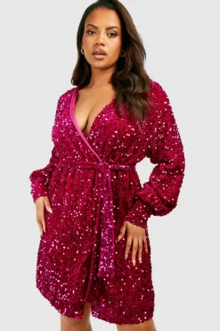 Wrap Dresses|Mini Dresses*boohoo Plus Velvet Sequin Wrap Dress raspberry
