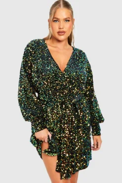 Wrap Dresses*boohoo Plus Velvet Sequin Wrap Dress green