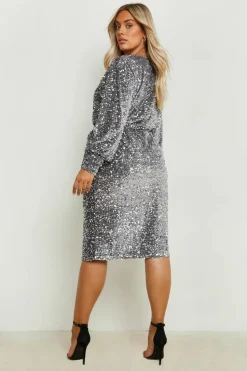 Wrap Dresses|Midi Dresses*boohoo Plus Velvet Sequin Wrap Midi Dress silver