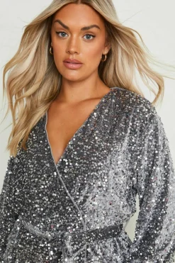 Wrap Dresses|Midi Dresses*boohoo Plus Velvet Sequin Wrap Midi Dress silver