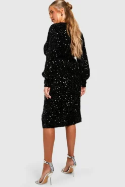 Wrap Dresses|Midi Dresses*boohoo Plus Velvet Sequin Wrap Midi Dress black