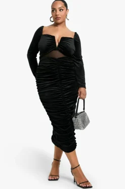 Midi Dresses|Long Sleeve Dresses*boohoo Plus Velvet Sheer Detailed Long Sleeve Midi Dress black