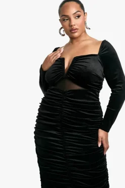 Midi Dresses|Long Sleeve Dresses*boohoo Plus Velvet Sheer Detailed Long Sleeve Midi Dress black